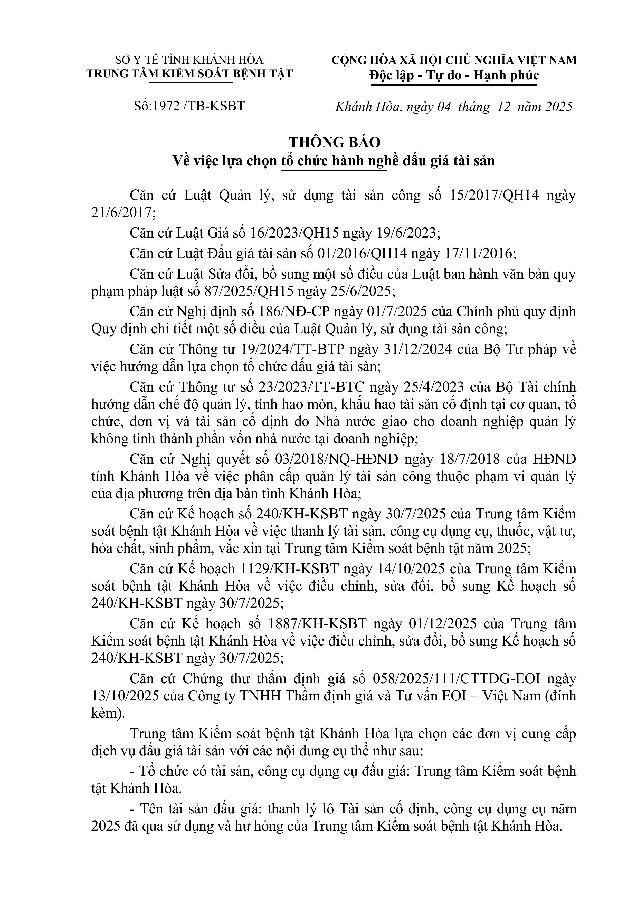 Thông báo Về việc lựa chọn tổ chức hành nghề đấu giá tài sản